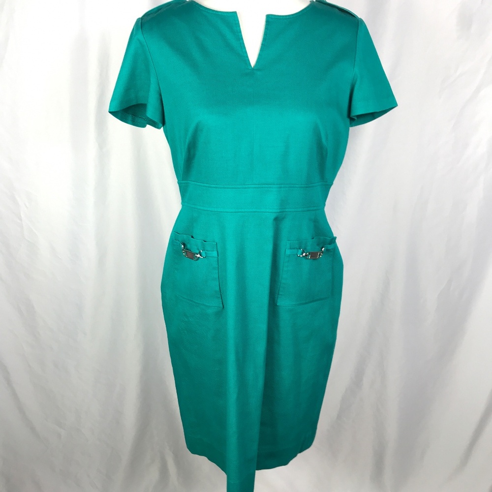 Tahari Teal Sheath Dress, Tab Cap Sleeves, Petite